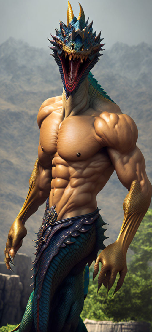 Muscular anthropomorphic reptile with dragon-like features in mountainous setting