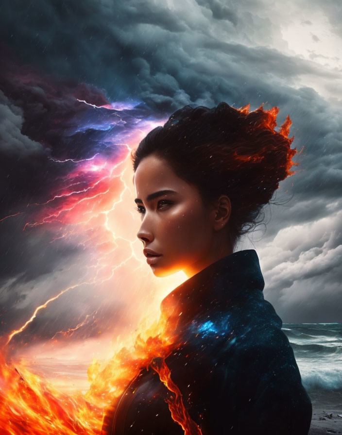 Profile of woman merging with fiery nebula in stormy sky