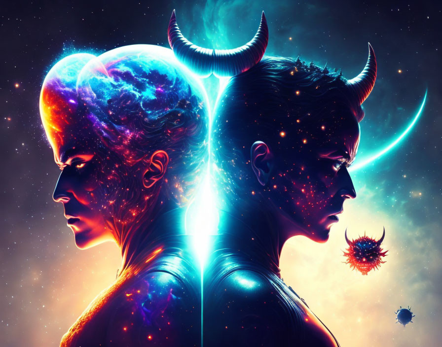 Illustration: Cosmic-themed profiles with horns and ethereal aura in space.