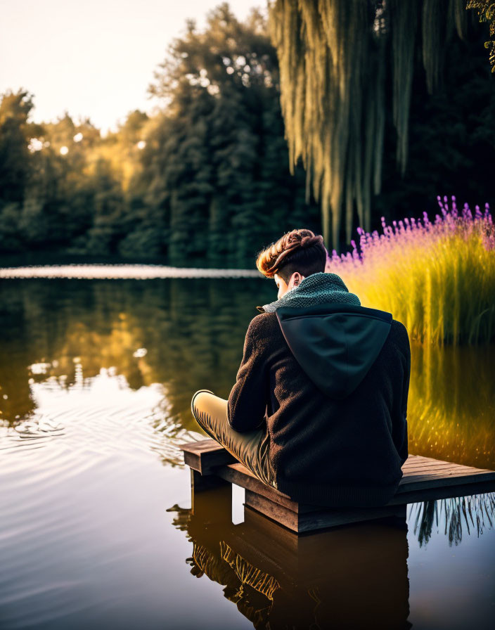 Person sitting on wooden dock by serene lake at dusk surrounded by greenery and purple flowers