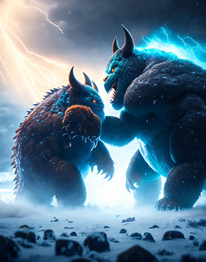 Fantastical creatures battle under stormy sky with lightning.