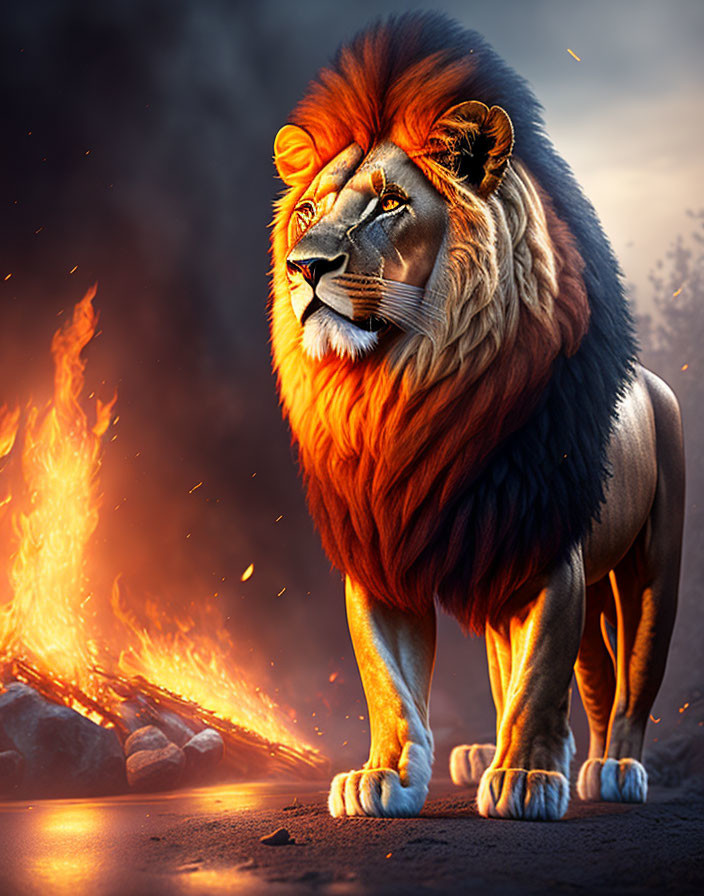 Majestic lion with fiery mane against backdrop of smoke and flames