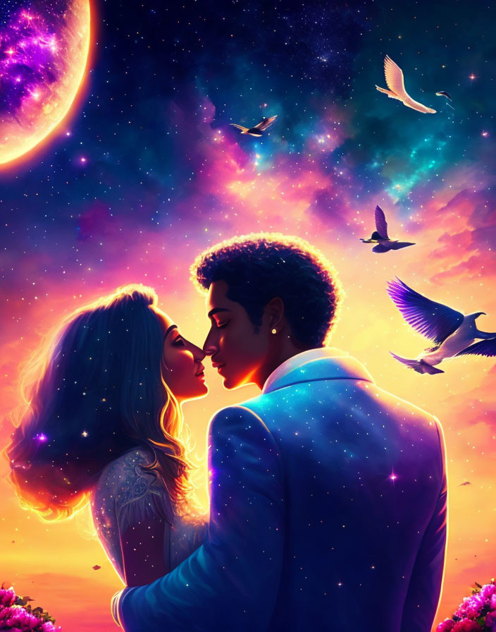 Romantic couple kissing under starry sky with crescent moon and flying birds in purple twilight