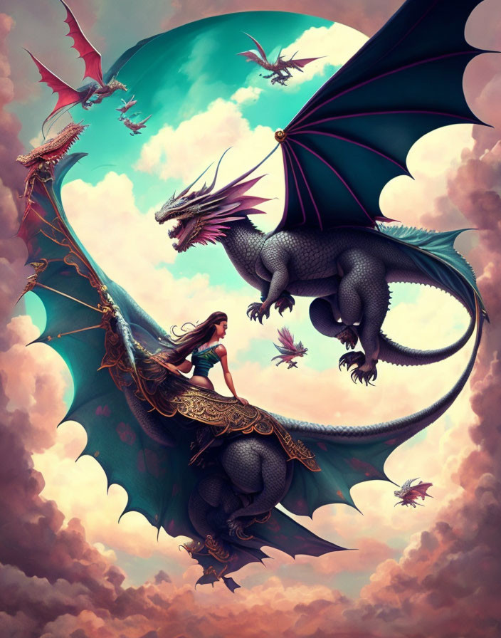 Woman riding black dragon in fantasy sky with other dragons.