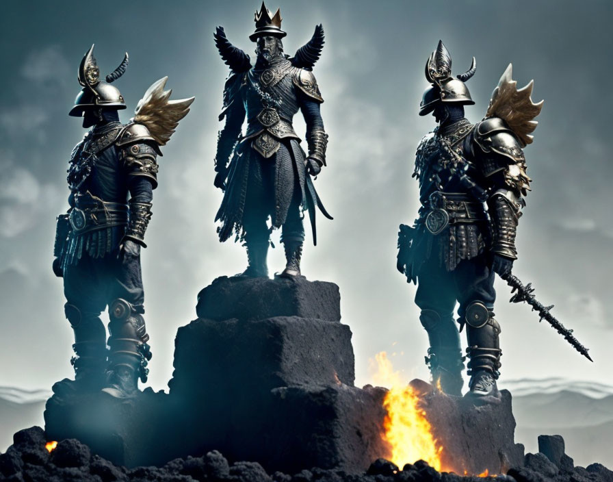 Three armored warriors with helmets and weapons on rocky terrain with a small fire under a cloudy sky.