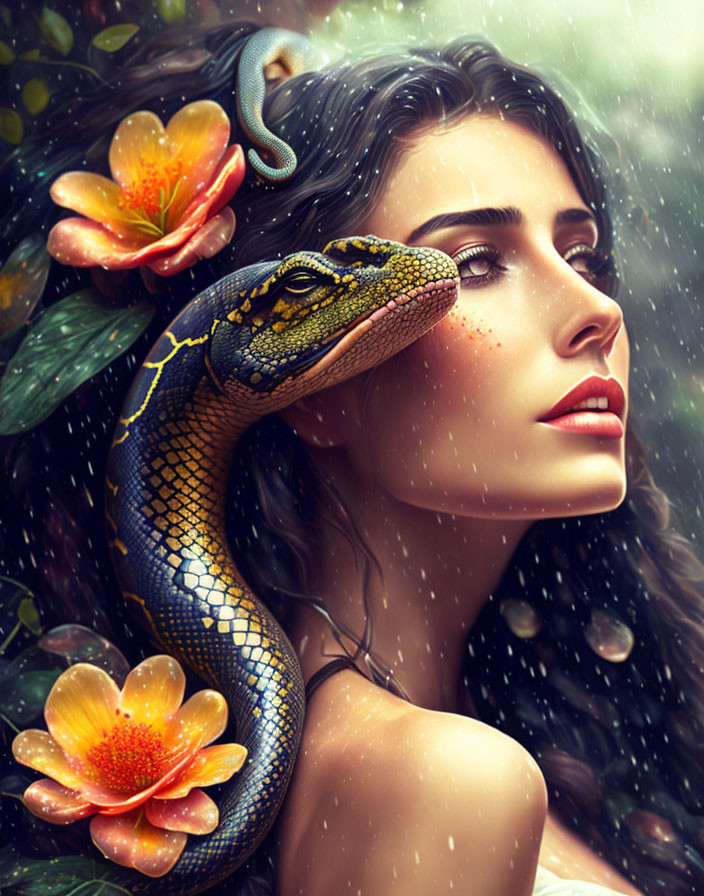 Digital artwork: Woman with python, flowers, raindrops - Exotic beauty and nature theme