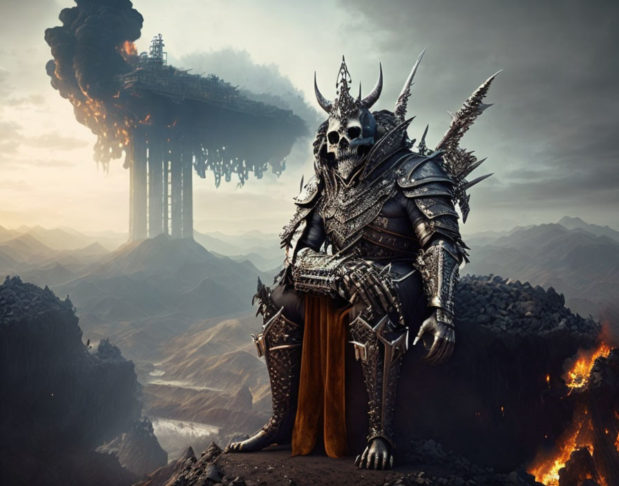 Armored figure with skull helmet in dark landscape with floating fortress and lava