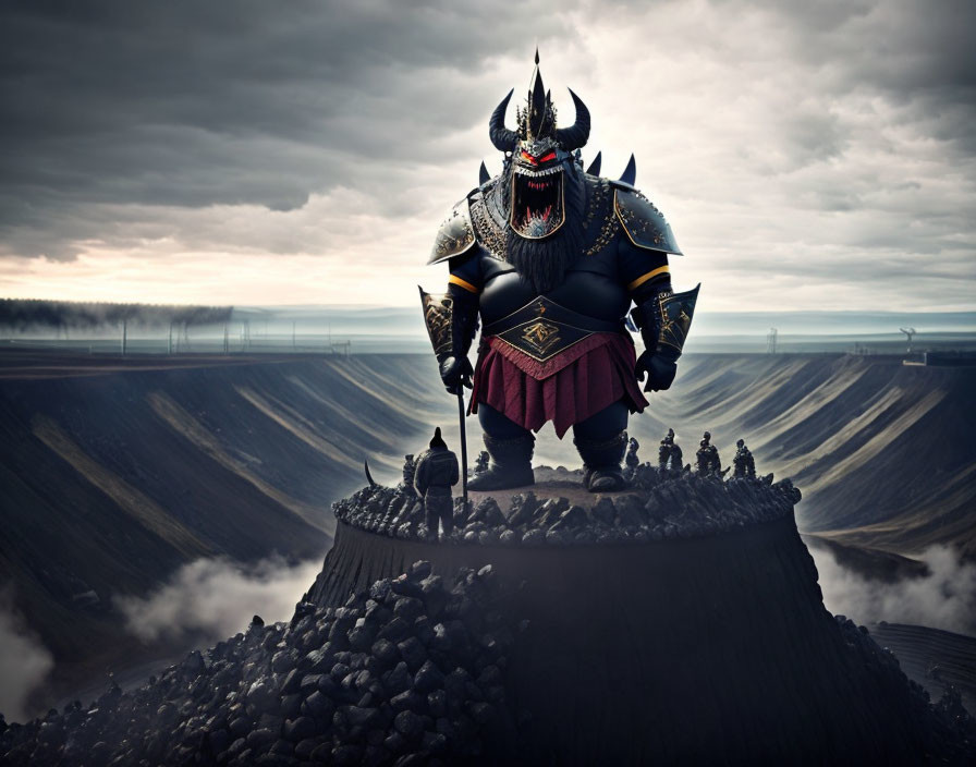 Armored giant on dark hill with small figures under dramatic sky