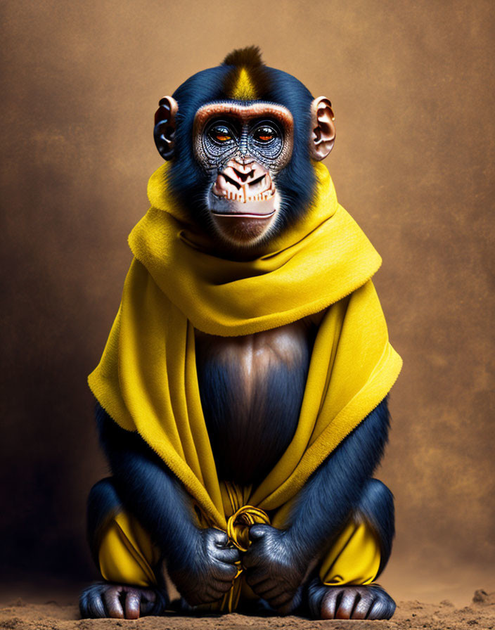 Chimpanzee in yellow cloth against brown backdrop