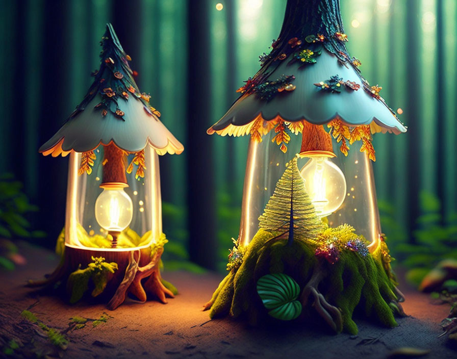 Whimsical illuminated mushroom houses in magical forest setting