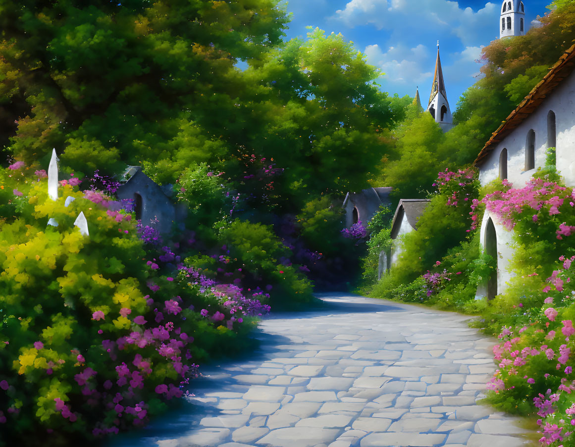 Scenic cobblestone path with blooming flowers and distant church spire