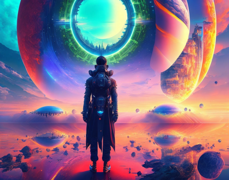 Futuristic suit person in cosmic landscape with vibrant planets