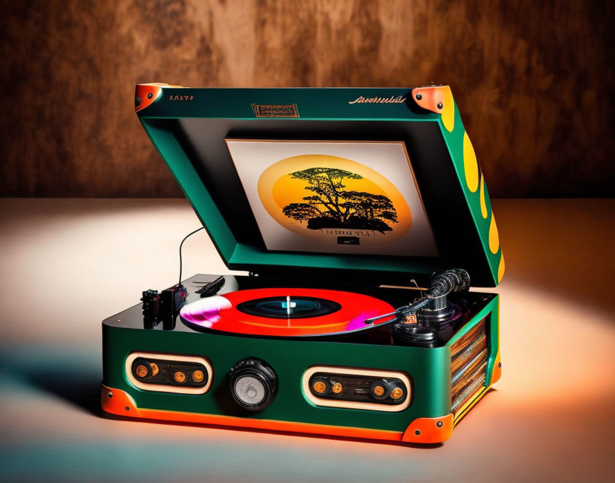 Colorful Retro Turntable with Built-In Speakers Playing Vinyl Record