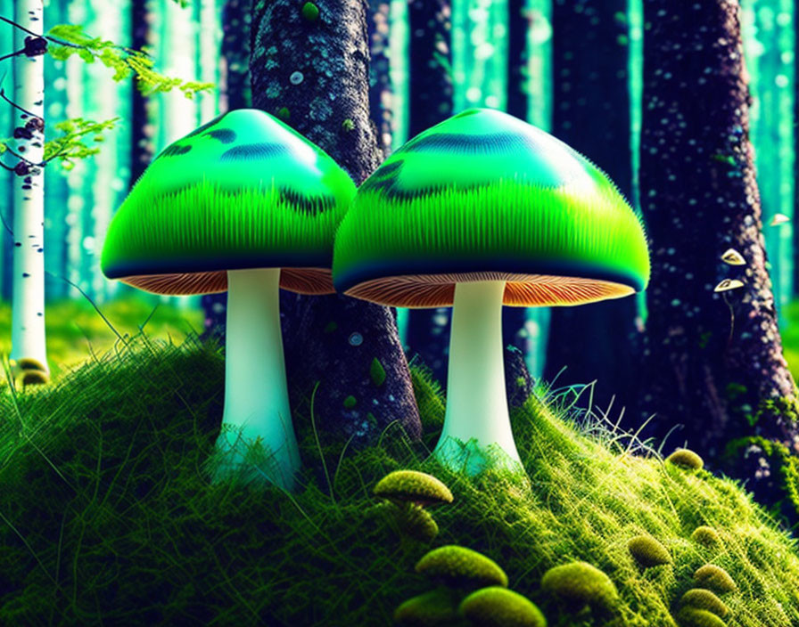 Vibrant Green Mushrooms on Mossy Ground in Luminescent Forest