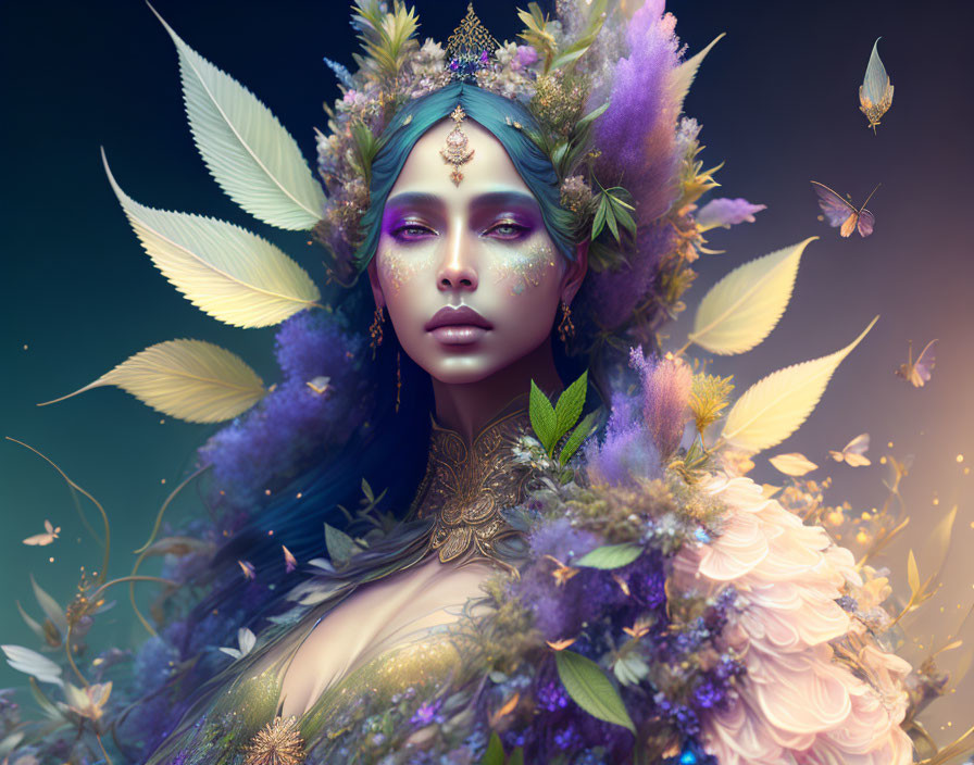 Fantasy figure with vibrant flowers, butterflies, and mystical crown