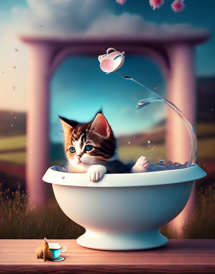 Illustration of a kitten in a teacup with pouring water, a mouse, flowers, and