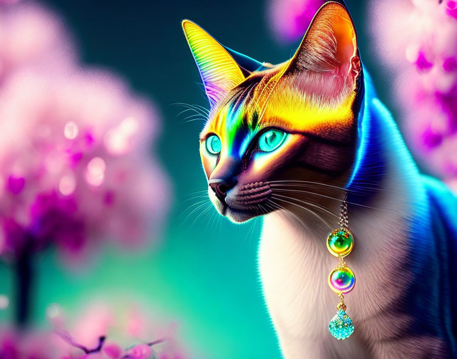 Colorful Cat with Rainbow Fur and Blue Eyes Among Pink Blossoms