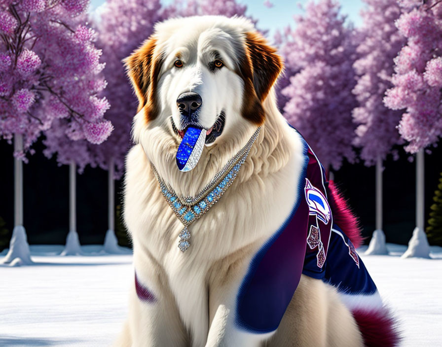 Fluffy white dog with brown markings in jewelry and scarf under pink blossoming trees