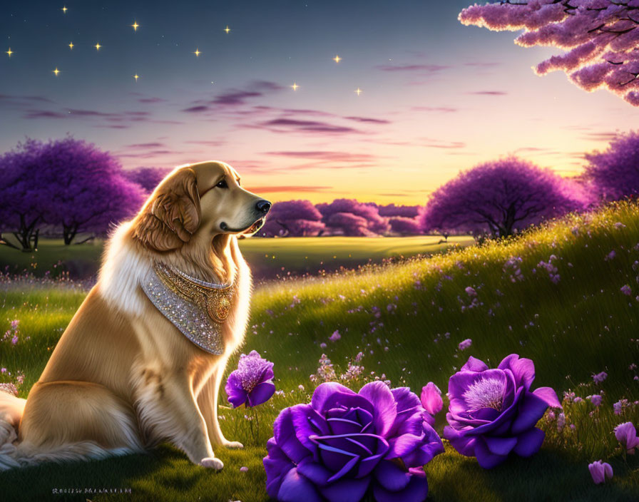 Golden retriever surrounded by purple flowers under twilight sky