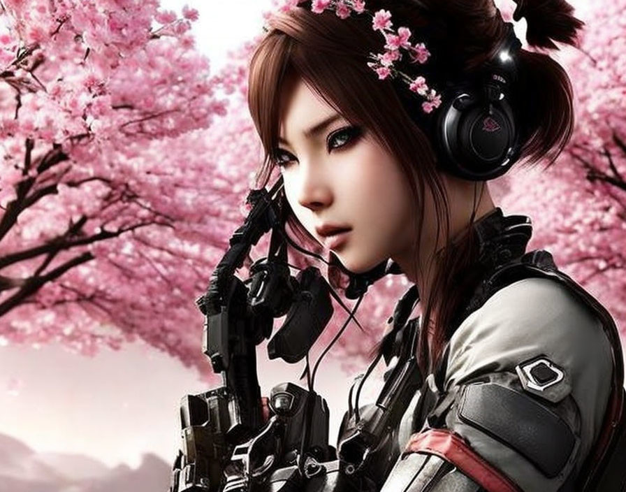 Female character in combat suit with headphones among pink cherry blossoms