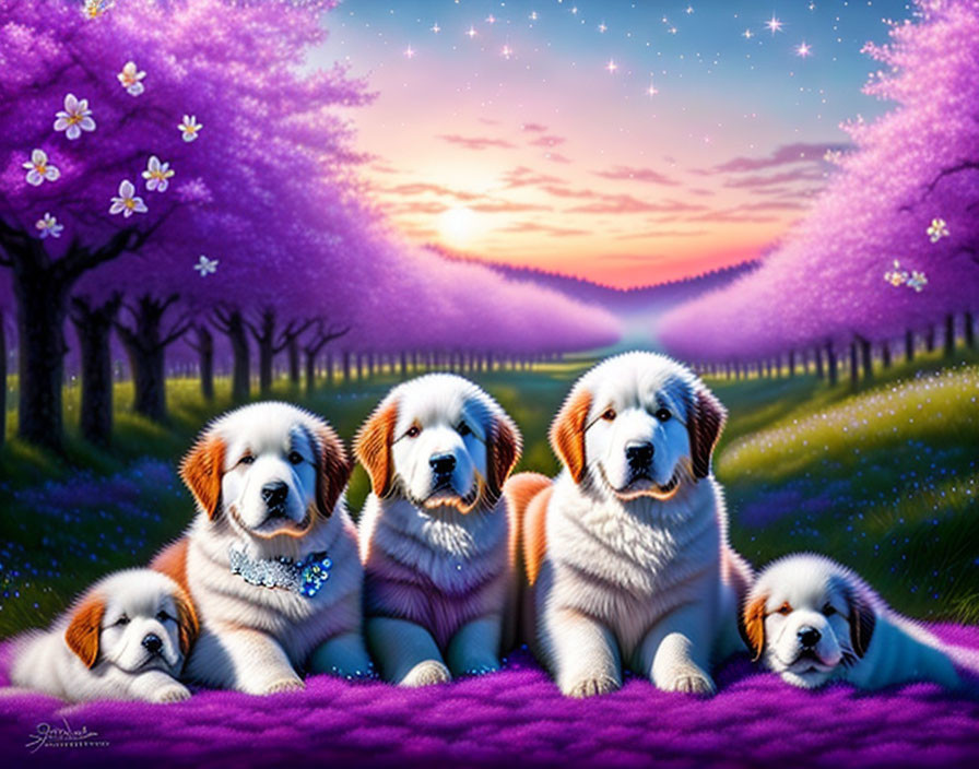 Five Saint Bernard Puppies Resting on Purple Blanket in Whimsical Twilight Landscape