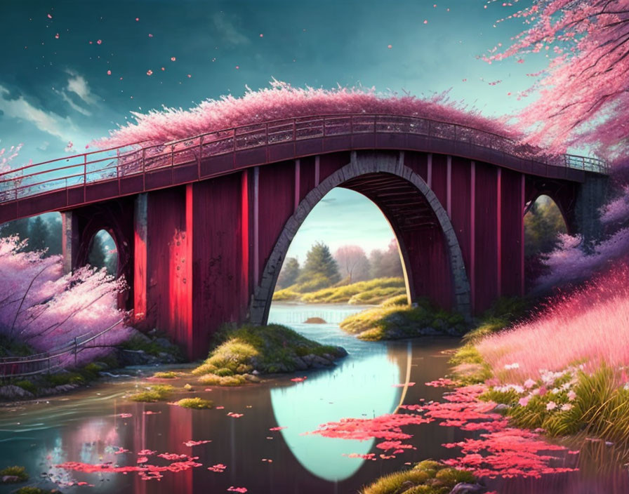 Vibrant red bridge among cherry blossoms and greenery in serene setting