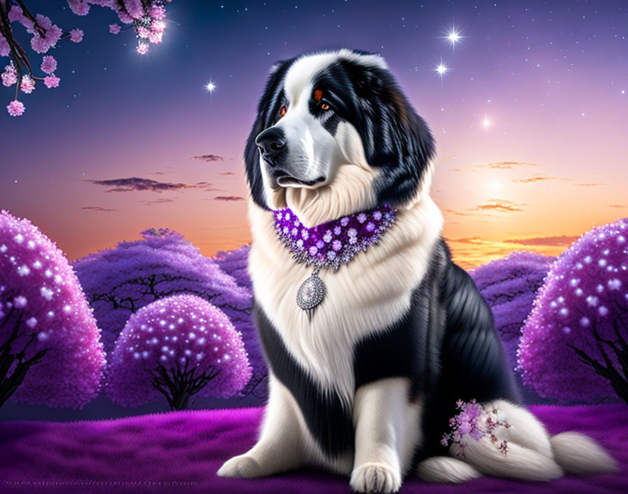 Black and White Dog with Jeweled Necklace Under Starry Sky and Purple Blossoming Trees
