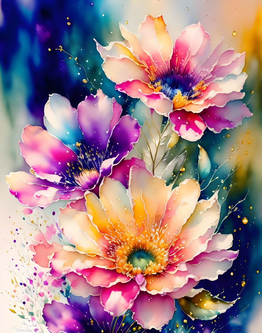 Colorful Watercolor Painting of Blooming Flowers in Pink, Purple, Orange, and Blue