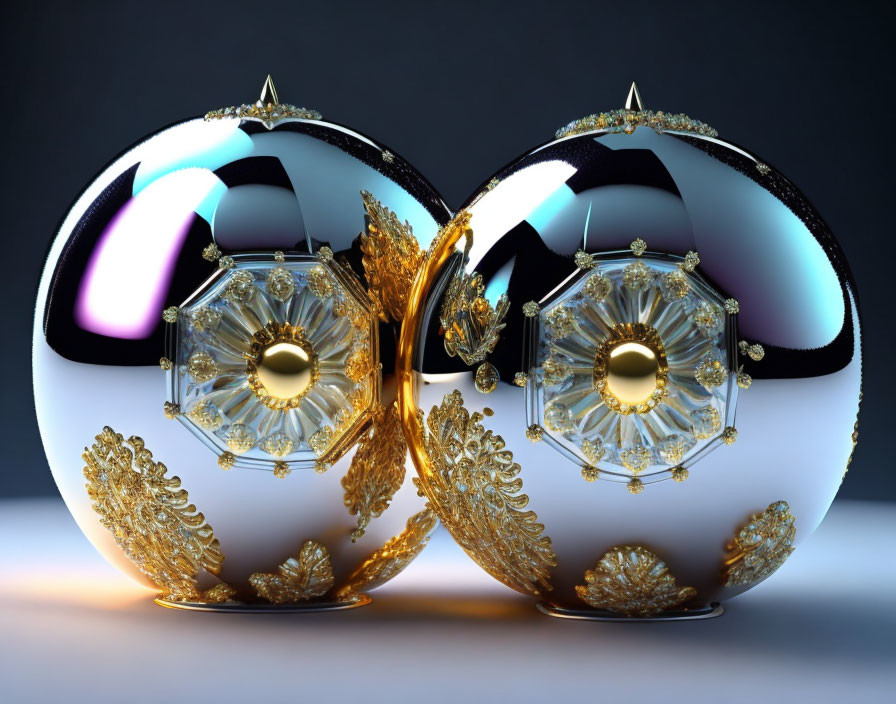 Ornate spherical objects with gold filigree on reflective surfaces