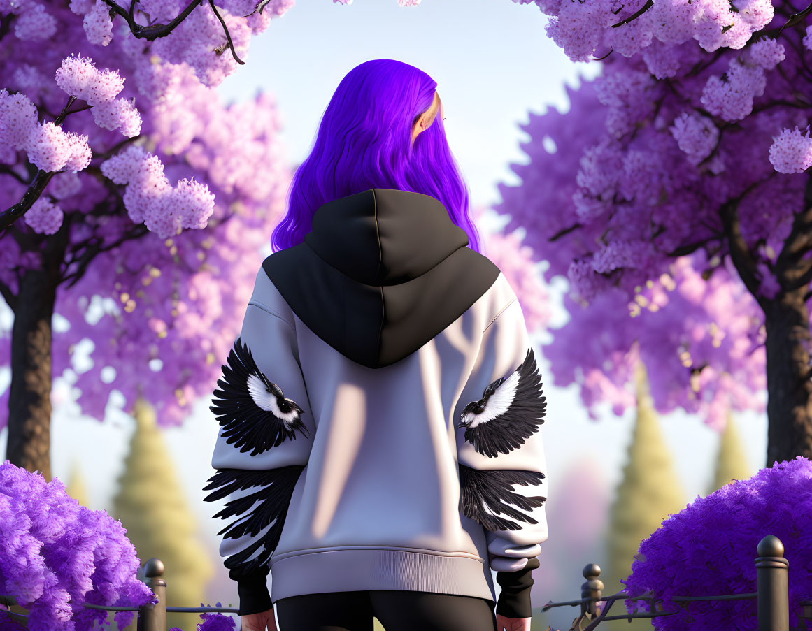 Purple-haired person in winged jacket strolls among pink cherry blossoms