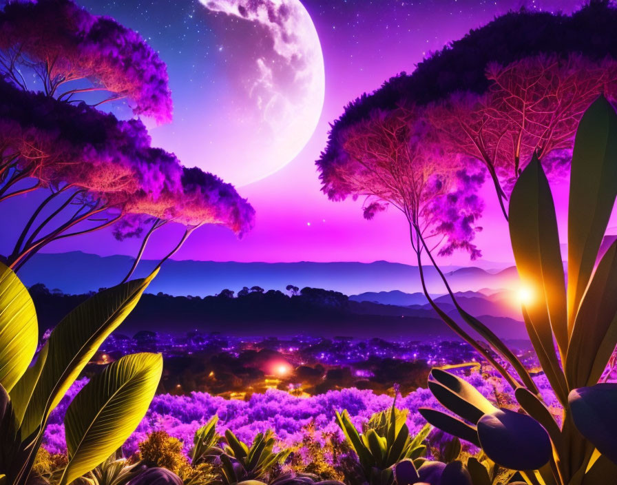 Twilight landscape with large moon, purple skies, lush greenery, warm glowing light