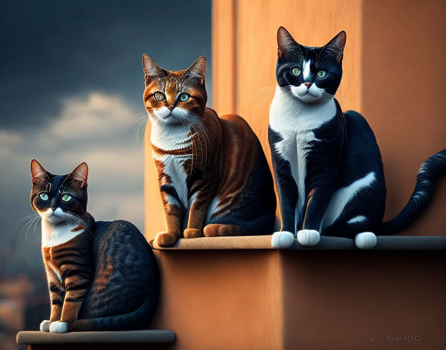 Three cats with unique patterns on ledges under orange sky.