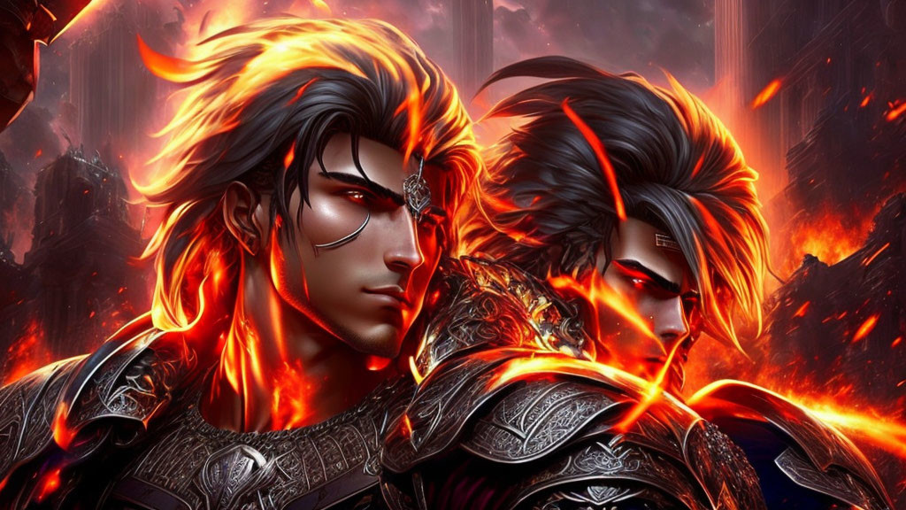 Stylized animated warriors with flaming hair in dark armor