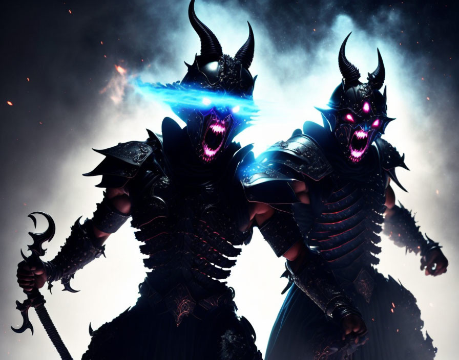 Fantasy armored figures with glowing pink eyes and weapons in cosmic setting