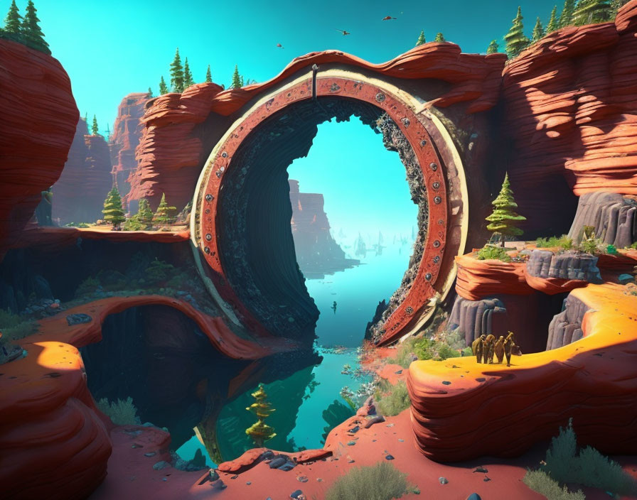 Fantasy landscape with circular ancient gate, red rocks, greenery, and river.