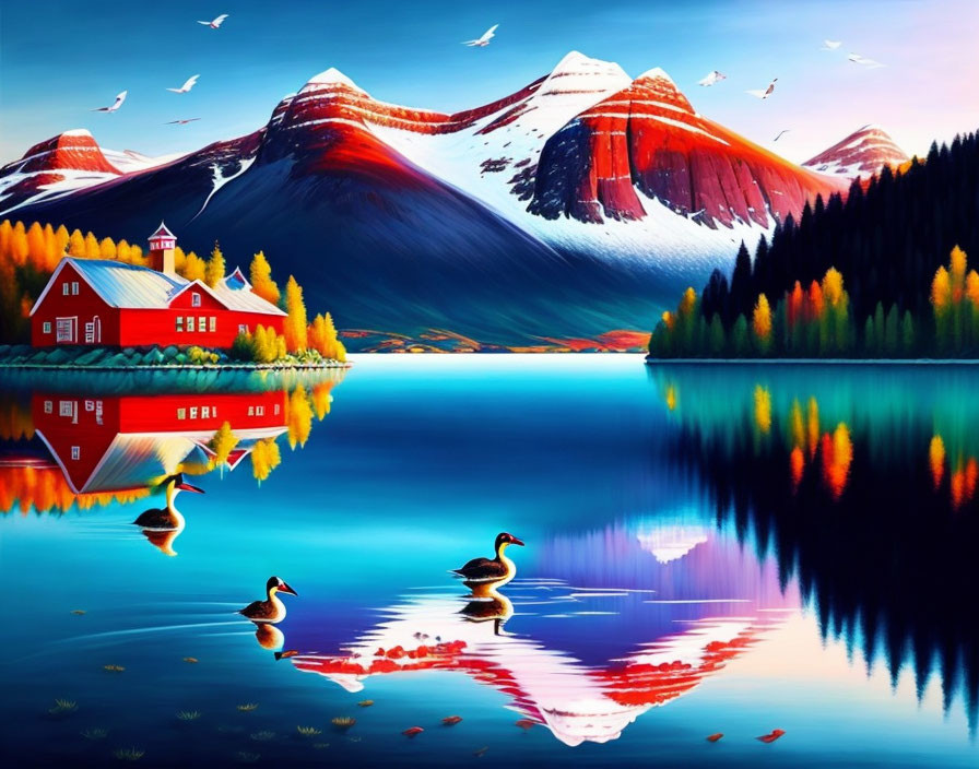 Digital art: Serene lake with ducks, red house, snow-capped mountains, clear blue sky