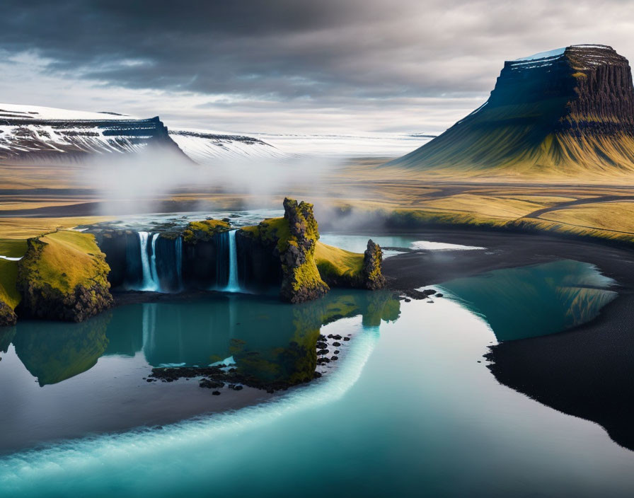 Tranquil landscape with waterfall, river, cliffs, and green islets