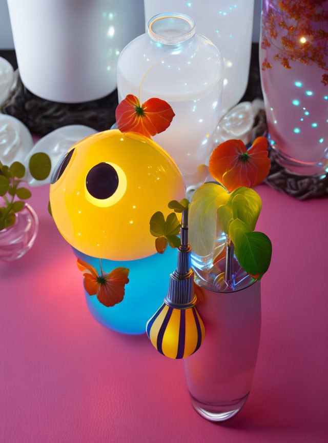 Vibrant decorative vases with unique shapes and colorful plants on pink surface