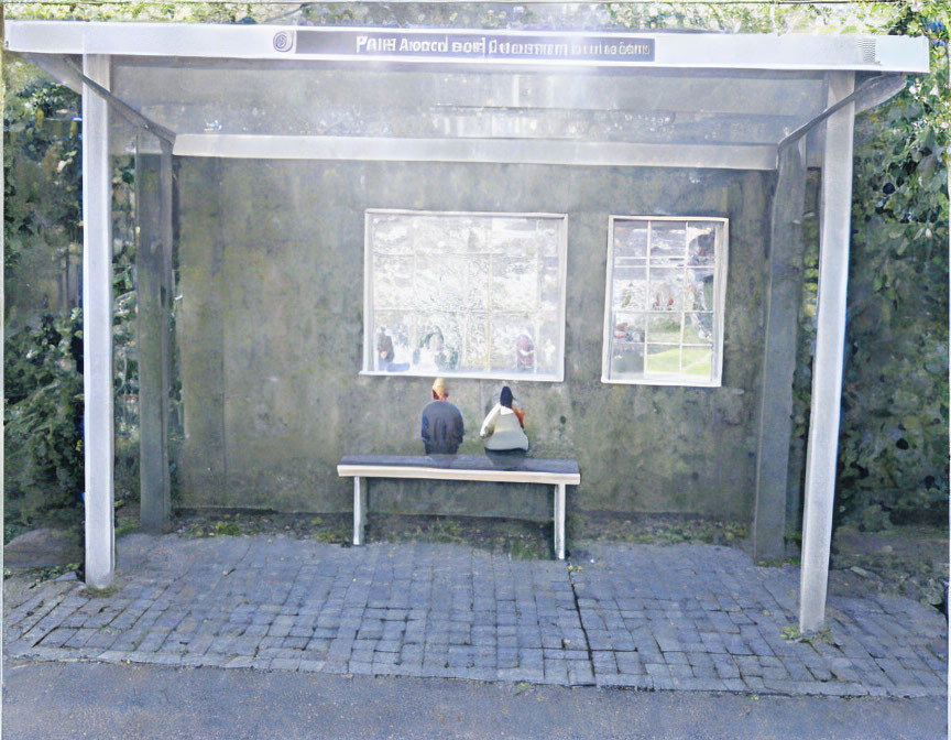 Urban bus shelter with graffiti and posters, two people seated on bench