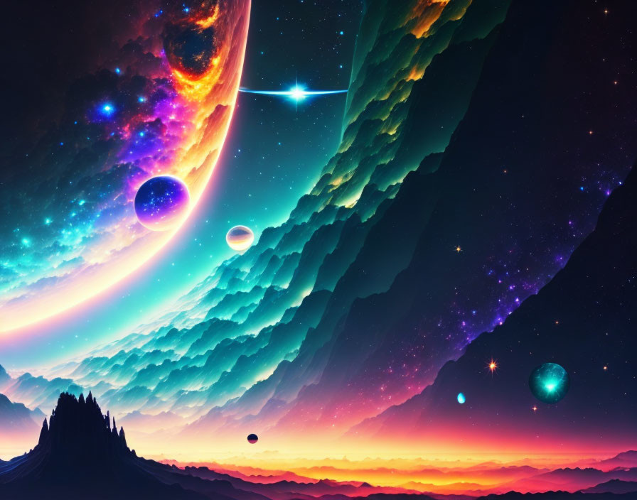 Colorful Cosmic Sky with Layered Mountain Silhouettes