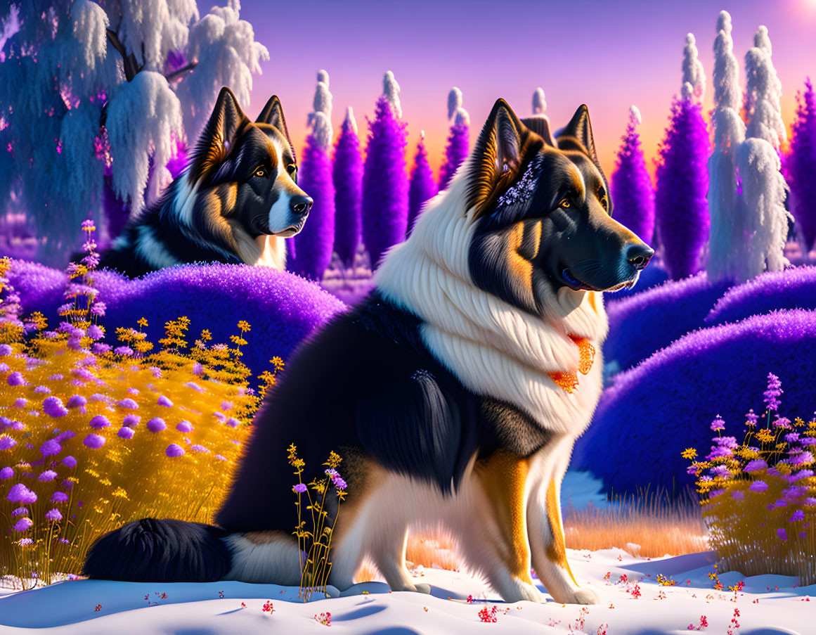 Majestic dogs in vibrant fantasy landscape with purple foliage