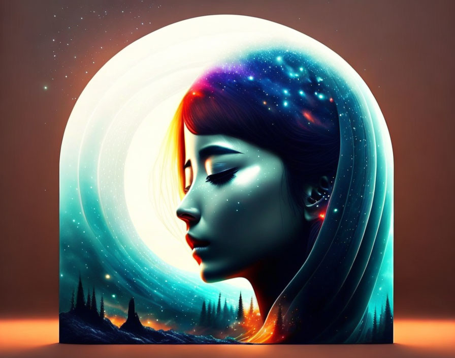 Surreal illustration: Woman with galaxy hair in night sky over mountains