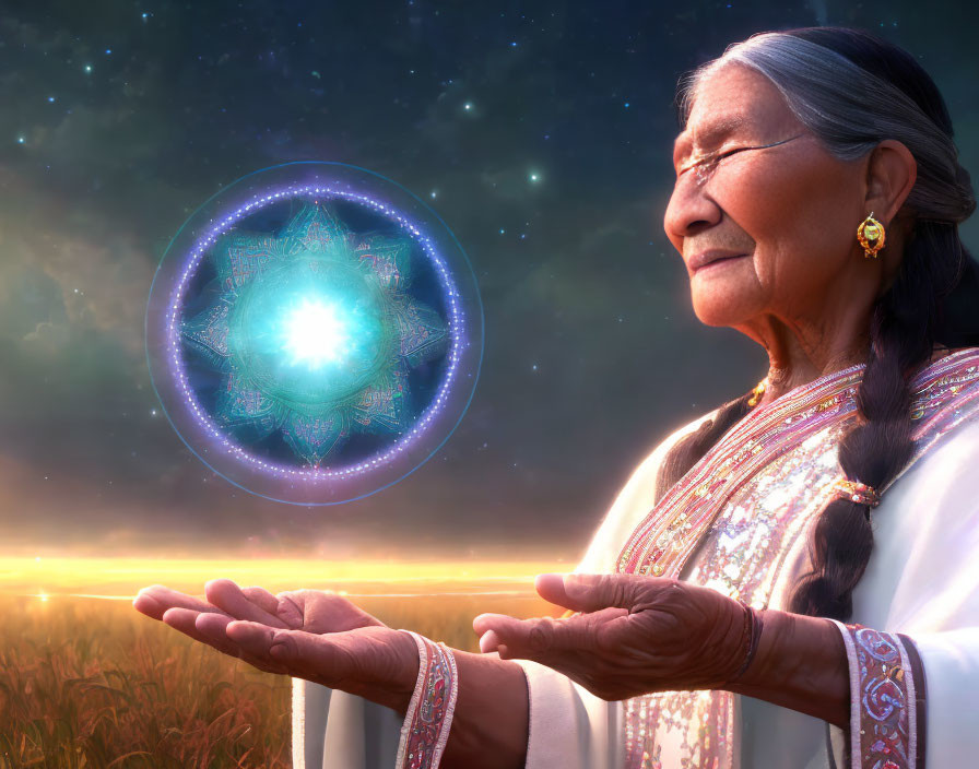 Elderly woman in traditional dress holding glowing mandala orb at sunset