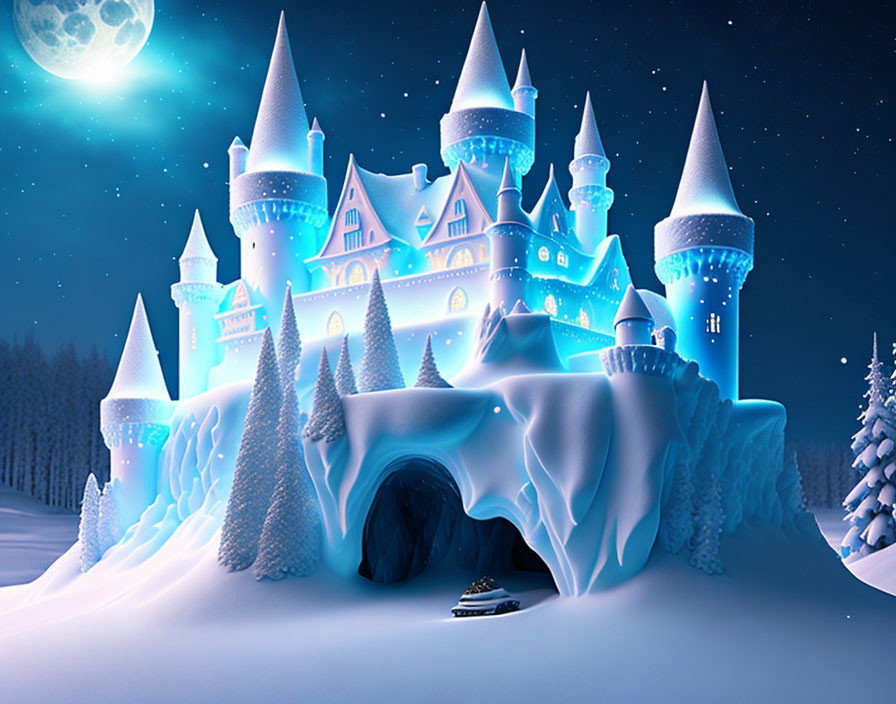 Snowy Fairytale Castle Night Scene with Full Moon