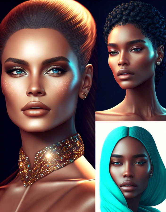 Three stylized portraits of women with distinct makeup and hairstyles on dark background