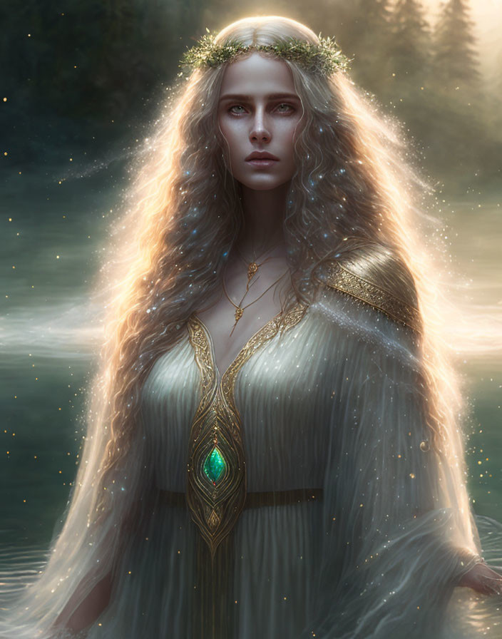 Mystical woman with golden crown and green gemstone dress in enchanted forest