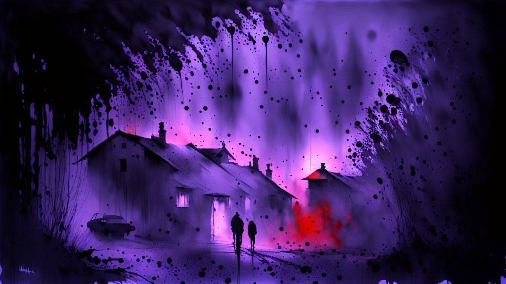 Stylized dark artwork with splattered paint of person walking towards glowing pink windows under night sky