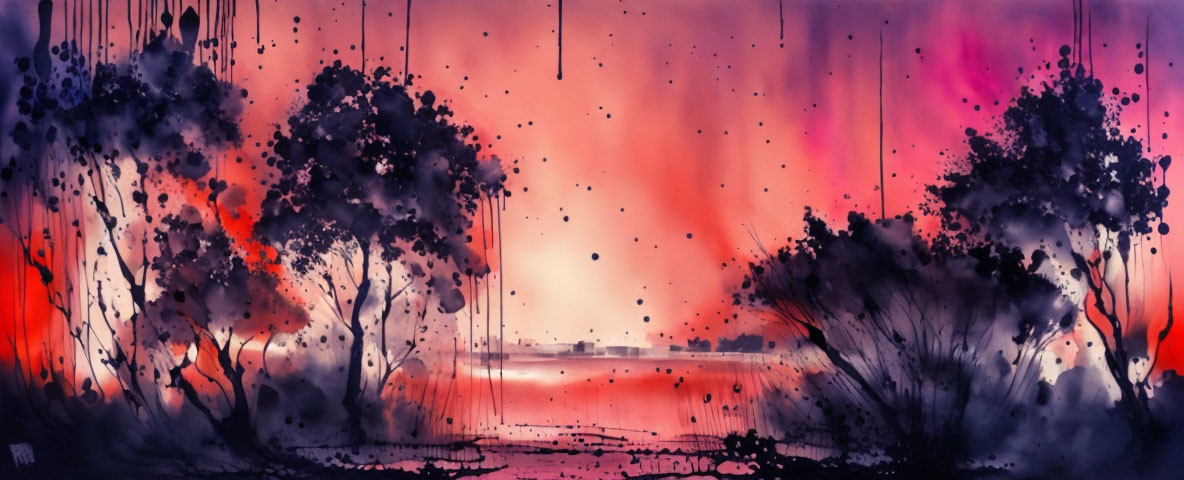 Abstract landscape painting: Vibrant red and pink sunset sky, silhouetted trees, water reflections