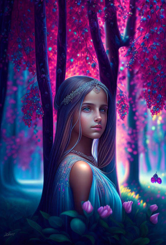 Young woman in mystical forest with pink trees, tulips, and butterfly.