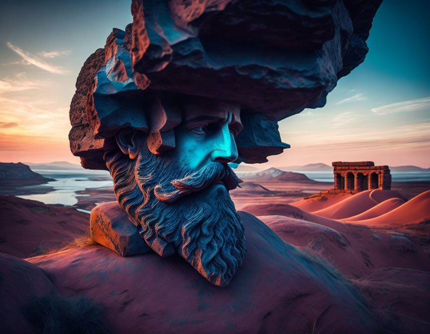 Giant man's head with beard in surreal desert landscape at twilight